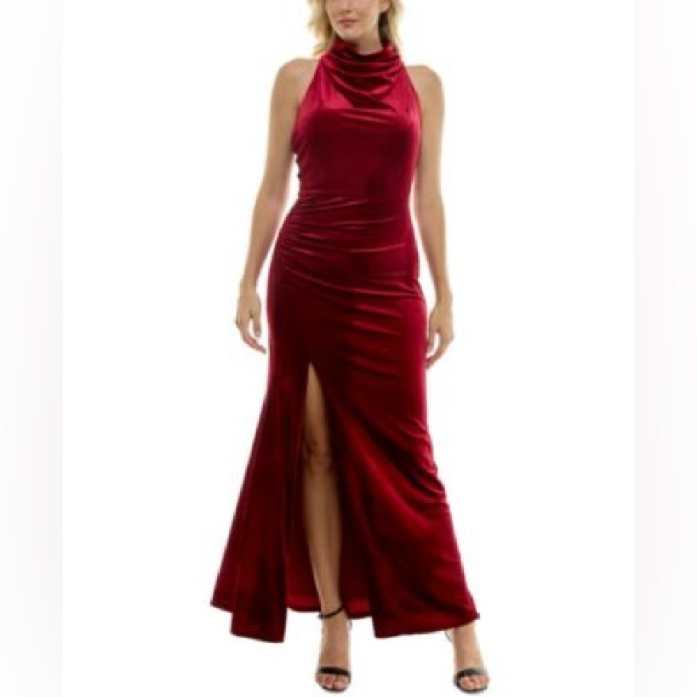 Taylor Women's Velvet Halter Cowlneck Twist-Back Gown